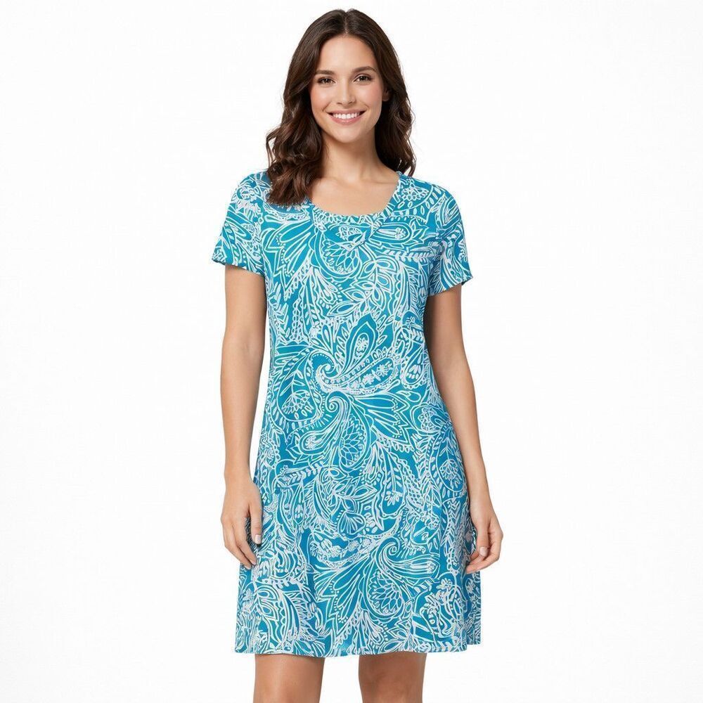 Soft Surroundings Dress Womens Small Blue Paisley T Shirt Short Sleeve Cotton